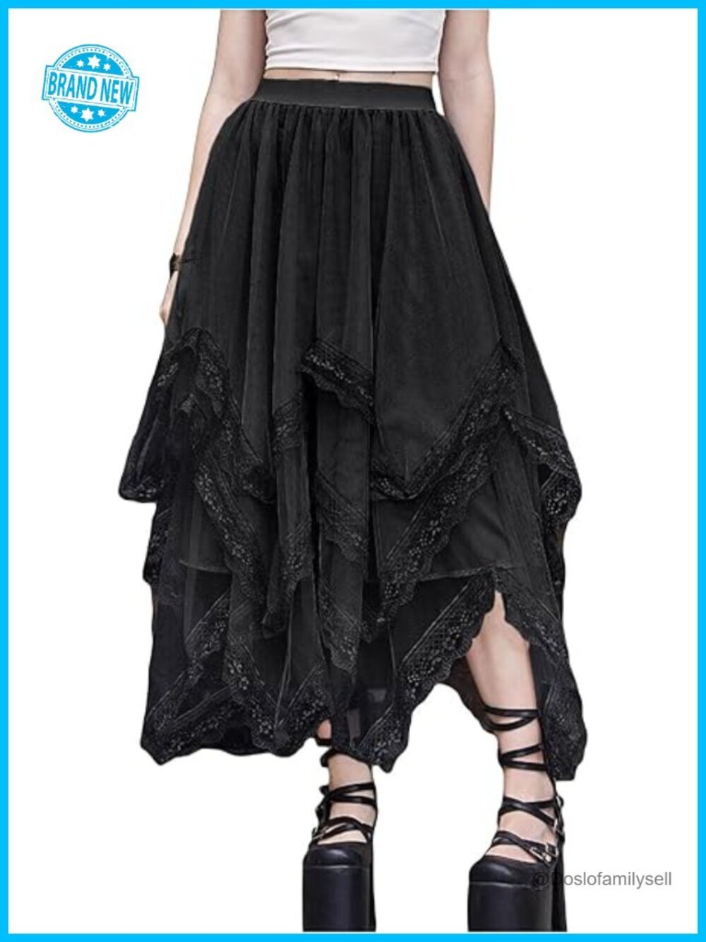 Lace Trim Mesh Tulle Skirt High Waist Asymmetrical Long Goth Skirt